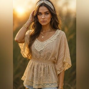 2B Bebe Vintage Y2k Cream Blouse with Dolman Sleeves and Embellished Details